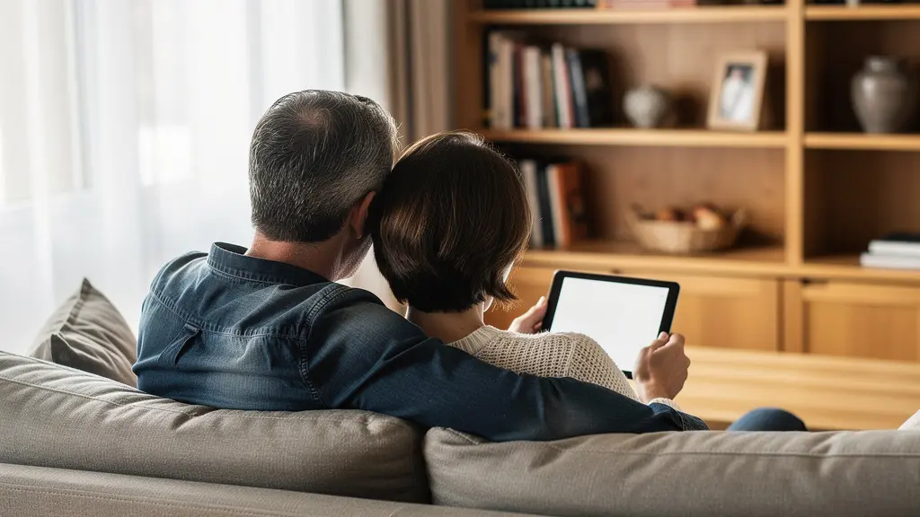 Europäisches Paar mittleren Alters betrachtet Immobilienanzeigen auf Tablet im Wohnzimmer