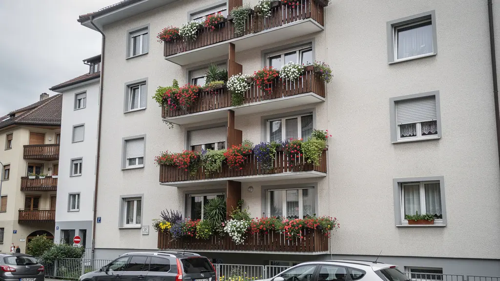 Typische Schweizer Mehrfamilienhausfassade mit Balkonen und Blumenkästen aus Strassenperspektive