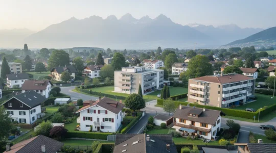 Luftaufnahme eines typischen Schweizer Wohnquartiers mit Einfamilienhäusern und Mehrfamilienhäusern vor Alpenkulisse