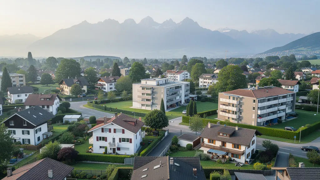 Luftaufnahme eines typischen Schweizer Wohnquartiers mit Einfamilienhäusern und Mehrfamilienhäusern vor Alpenkulisse