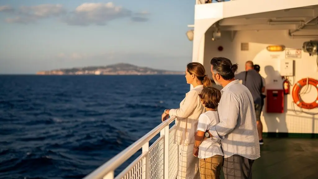 Familie auf dem Deck einer Fähre während der Überfahrt nach Korsika über das Mittelmeer